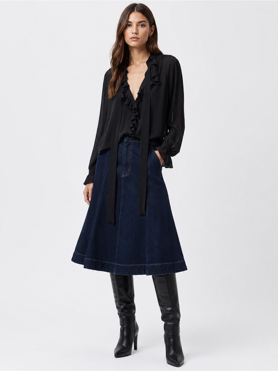 MNG Dresses & Skirts - MNG Dark Wash A-Line Denim Midi Skirt 100% Cotton Size Large Minimalist Chic